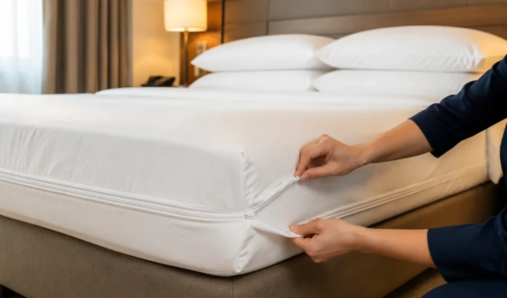 Vue d'ensemble d'une chambre d'hôtel soignée avec literie blanche bien tendue et housses de protection visibles sur matelas et oreillers
