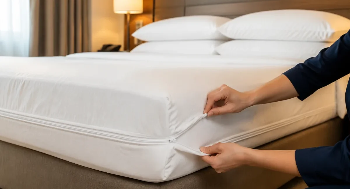 Vue d'ensemble d'une chambre d'hôtel soignée avec literie blanche bien tendue et housses de protection visibles sur matelas et oreillers
