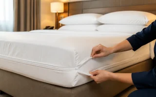 Vue d'ensemble d'une chambre d'hôtel soignée avec literie blanche bien tendue et housses de protection visibles sur matelas et oreillers
