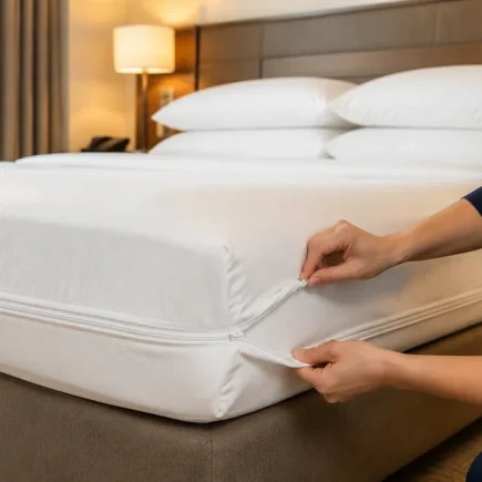Vue d'ensemble d'une chambre d'hôtel soignée avec literie blanche bien tendue et housses de protection visibles sur matelas et oreillers