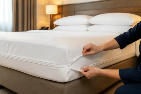 Vue d'ensemble d'une chambre d'hôtel soignée avec literie blanche bien tendue et housses de protection visibles sur matelas et oreillers