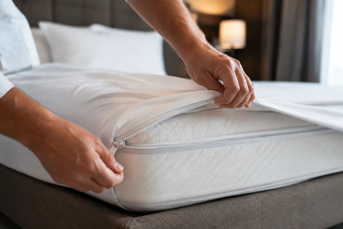 Protéger les lits d'hôtel contre les punaises de lit : solutions efficaces Gros plan sur une housse anti-punaises de lit zippée installée sur le coin d'un matelas d'hôtel