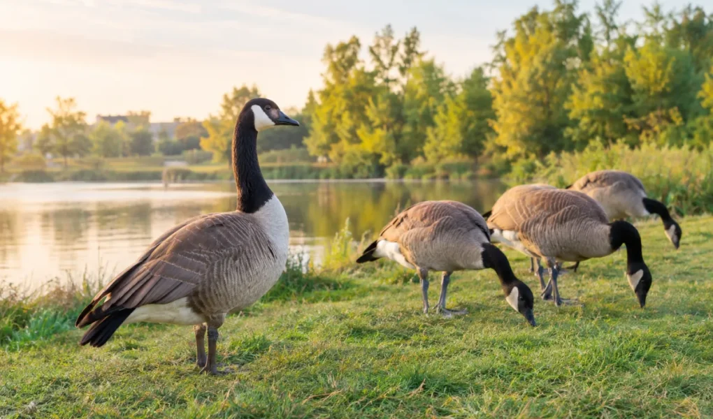 Vue d'ensemble d'un plan d'eau bordé d'herbe où plusieurs bernaches du Canada sont installées