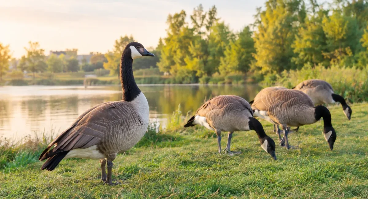 Vue d'ensemble d'un plan d'eau bordé d'herbe où plusieurs bernaches du Canada sont installées