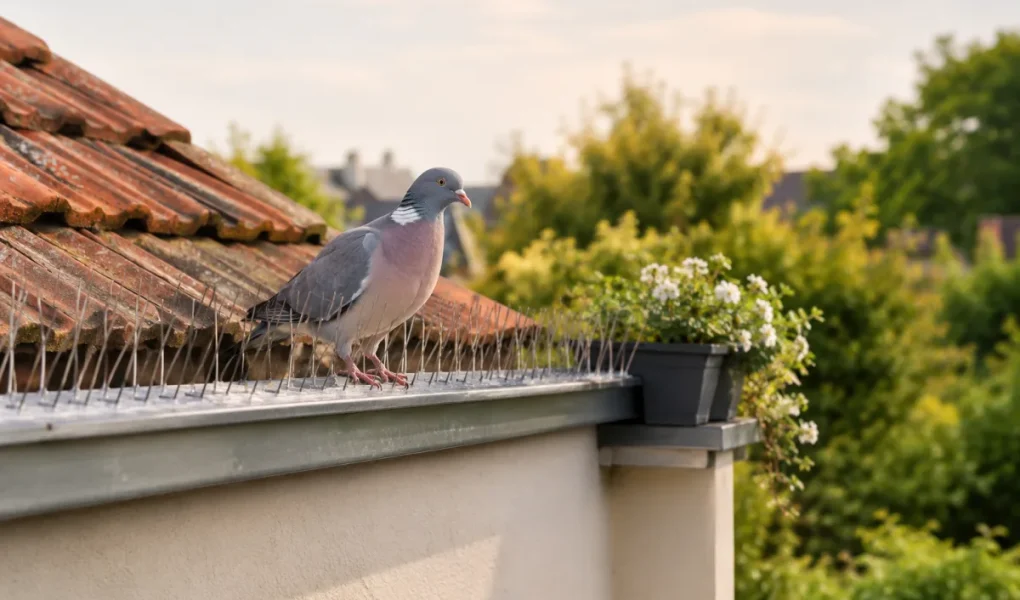 Vue d'ensemble d'une toiture de maison protégée des oiseaux par des pics anti-volatiles discrets