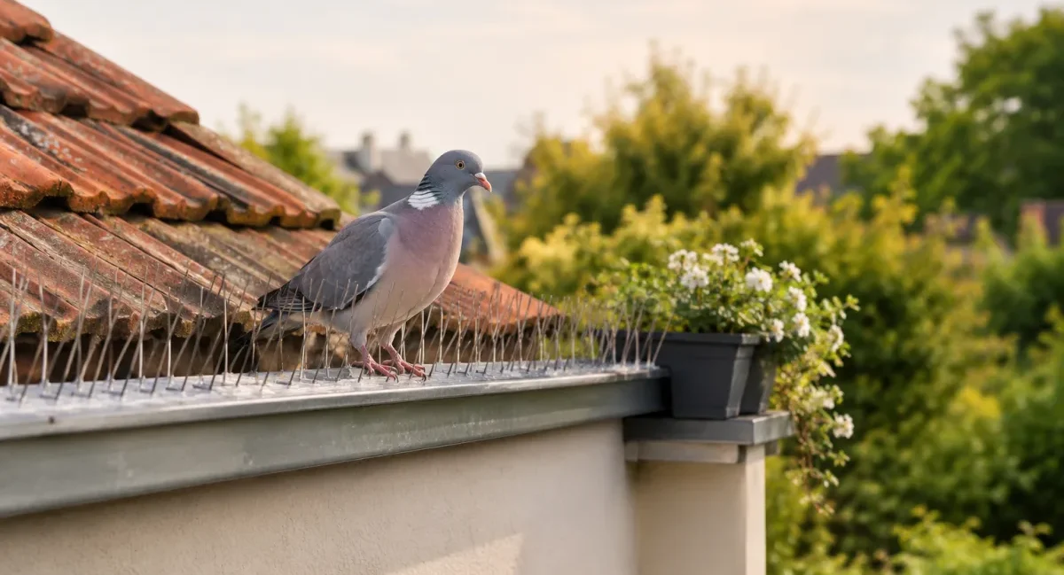 Vue d'ensemble d'une toiture de maison protégée des oiseaux par des pics anti-volatiles discrets