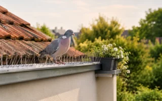 Vue d'ensemble d'une toiture de maison protégée des oiseaux par des pics anti-volatiles discrets
