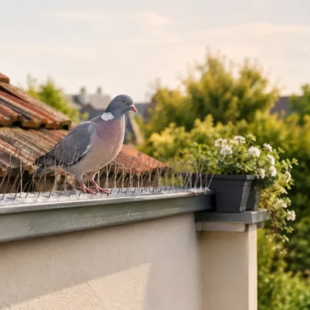 Vue d'ensemble d'une toiture de maison protégée des oiseaux par des pics anti-volatiles discrets