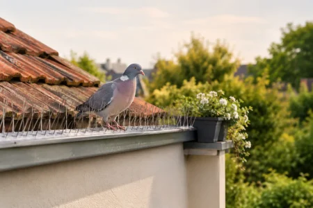 Vue d'ensemble d'une toiture de maison protégée des oiseaux par des pics anti-volatiles discrets
