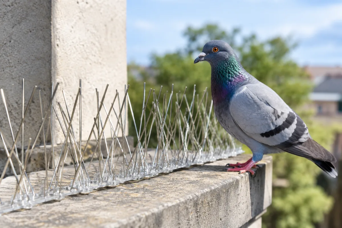 Gros plan sur un pic métallique de dépigeonnisation fixé sur un rebord de fenêtre