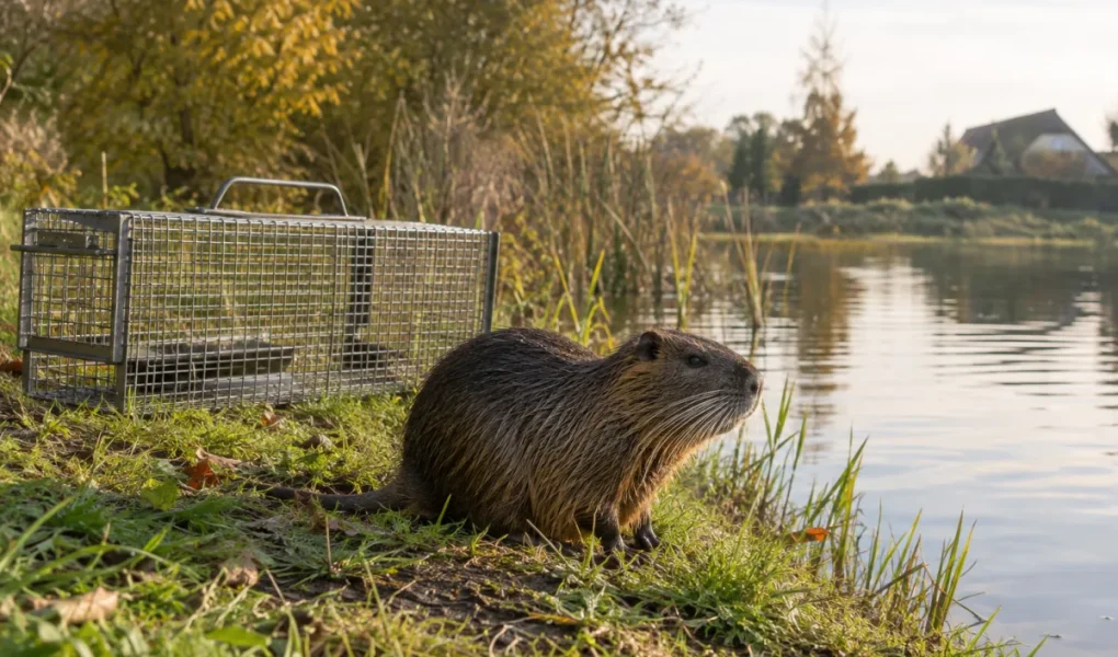 Vue d'ensemble d'un plan d'eau bordé d'herbes folles avec une berge creusée par un nuisible