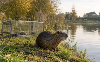 Vue d'ensemble d'un plan d'eau bordé d'herbes folles avec une berge creusée par un nuisible