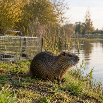 Vue d'ensemble d'un plan d'eau bordé d'herbes folles avec une berge creusée par un nuisible