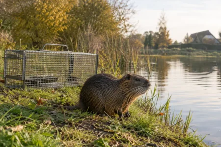 Vue d'ensemble d'un plan d'eau bordé d'herbes folles avec une berge creusée par un nuisible