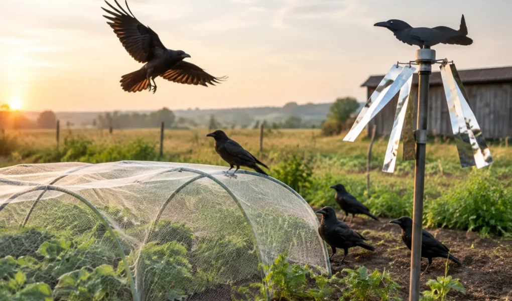 Vue d'ensemble d'un champ agricole protégé avec des effaroucheurs visuels contre les oiseaux