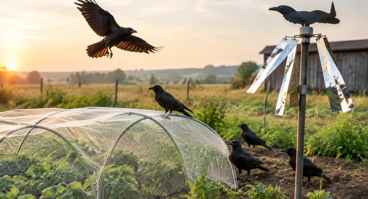 Vue d'ensemble d'un champ agricole protégé avec des effaroucheurs visuels contre les oiseaux