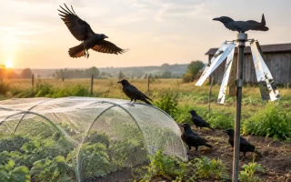 Vue d'ensemble d'un champ agricole protégé avec des effaroucheurs visuels contre les oiseaux