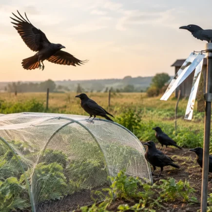 Vue d'ensemble d'un champ agricole protégé avec des effaroucheurs visuels contre les oiseaux