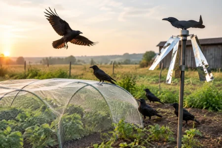 Vue d'ensemble d'un champ agricole protégé avec des effaroucheurs visuels contre les oiseaux