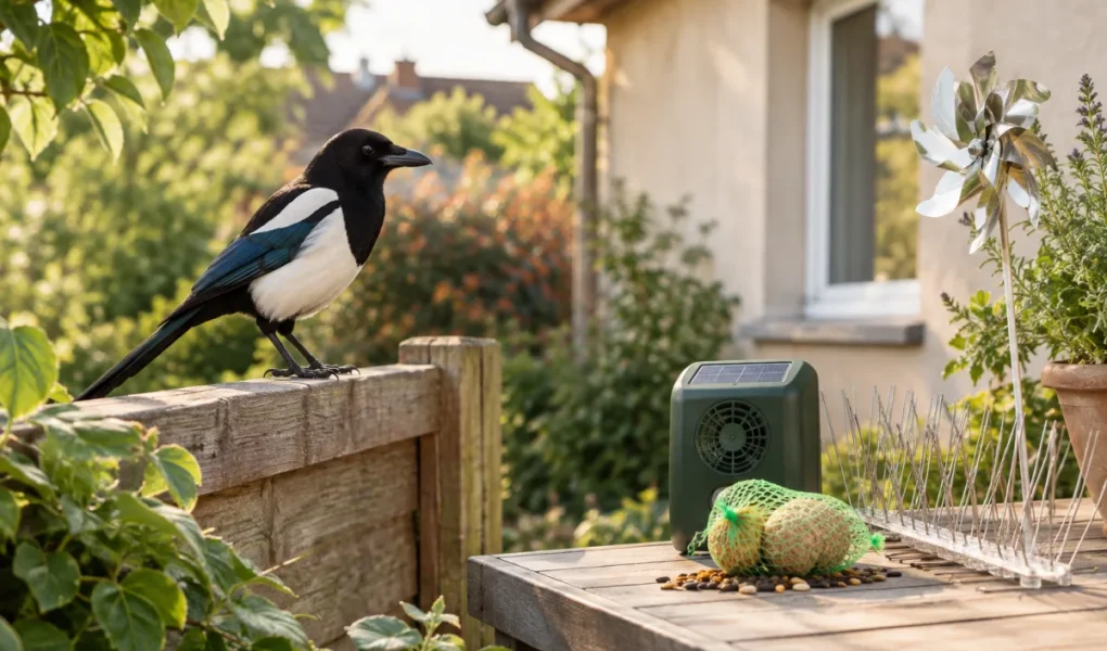 Vue d'ensemble d'un jardin paysager protégé par un effaroucheur sonore discret suspendu aux branches