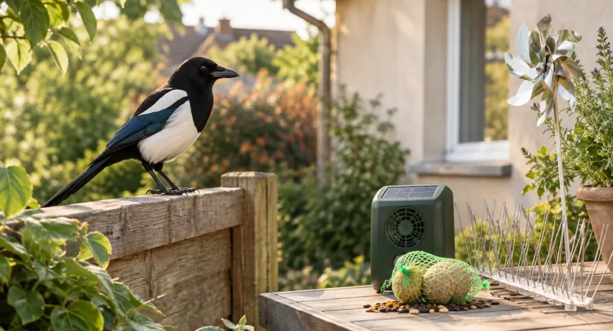 Vue d'ensemble d'un jardin paysager protégé par un effaroucheur sonore discret suspendu aux branches