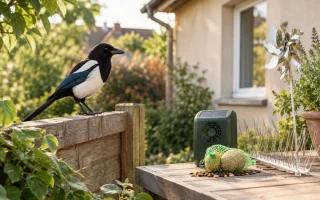 Vue d'ensemble d'un jardin paysager protégé par un effaroucheur sonore discret suspendu aux branches