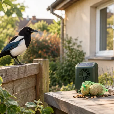 Vue d'ensemble d'un jardin paysager protégé par un effaroucheur sonore discret suspendu aux branches