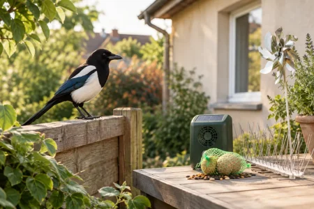 Vue d'ensemble d'un jardin paysager protégé par un effaroucheur sonore discret suspendu aux branches