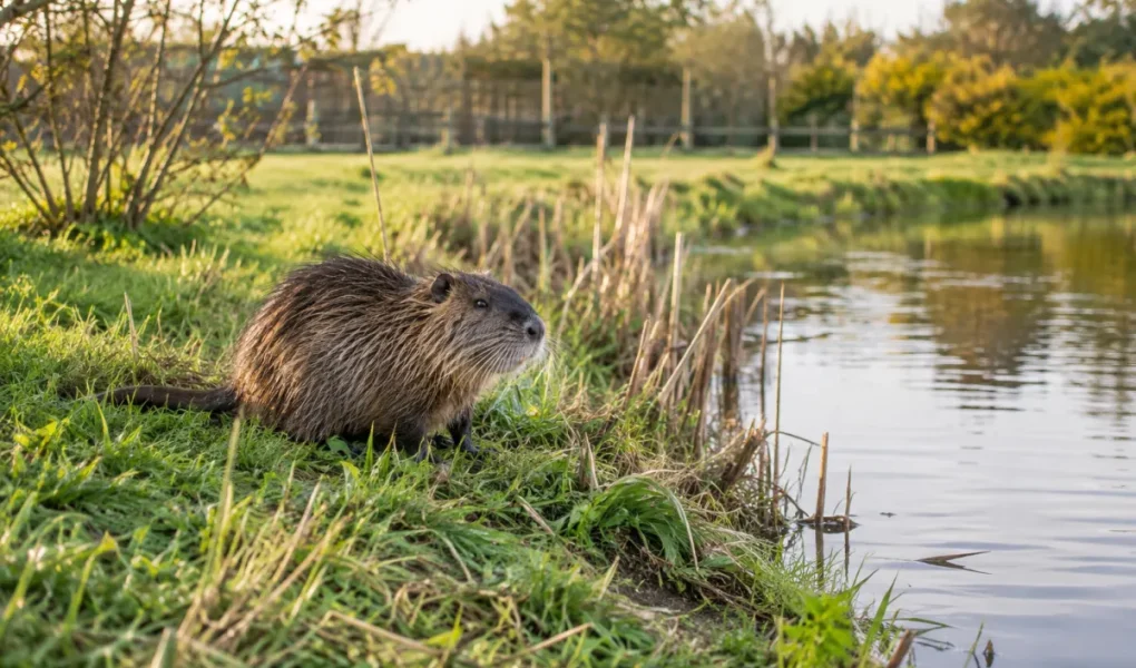 Un jardin bordant une rivière avec des berges légèrement affaissées par un rongeur aquatique