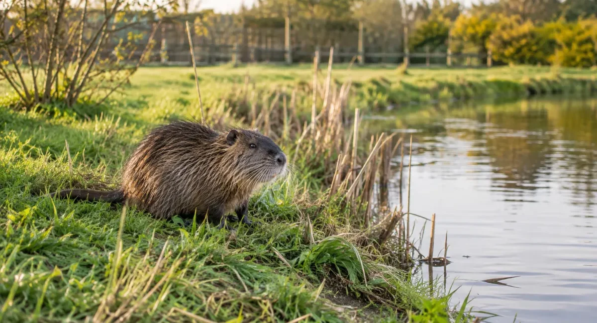 Un jardin bordant une rivière avec des berges légèrement affaissées par un rongeur aquatique