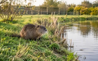 Un jardin bordant une rivière avec des berges légèrement affaissées par un rongeur aquatique