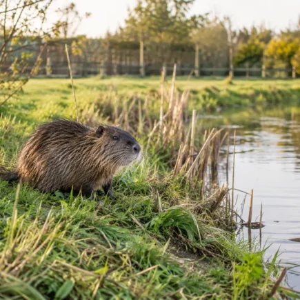 Un jardin bordant une rivière avec des berges légèrement affaissées par un rongeur aquatique