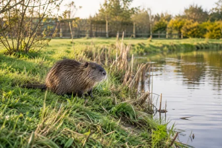Un jardin bordant une rivière avec des berges légèrement affaissées par un rongeur aquatique