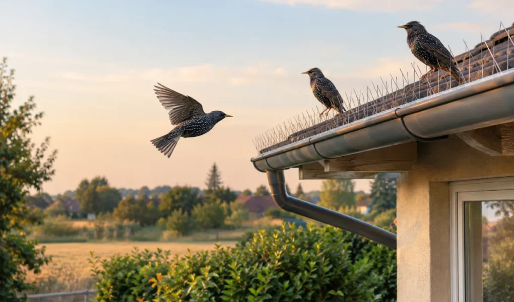 Vue d'ensemble d'un toit de maison individuelle équipé de systèmes d'effarouchement contre les oiseaux