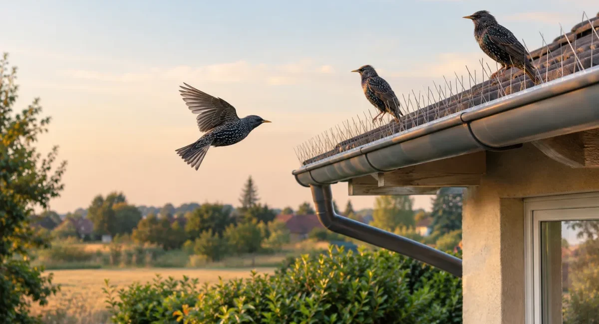 Vue d'ensemble d'un toit de maison individuelle équipé de systèmes d'effarouchement contre les oiseaux