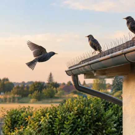 Vue d'ensemble d'un toit de maison individuelle équipé de systèmes d'effarouchement contre les oiseaux