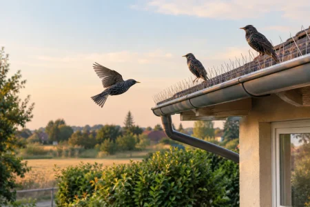 Vue d'ensemble d'un toit de maison individuelle équipé de systèmes d'effarouchement contre les oiseaux