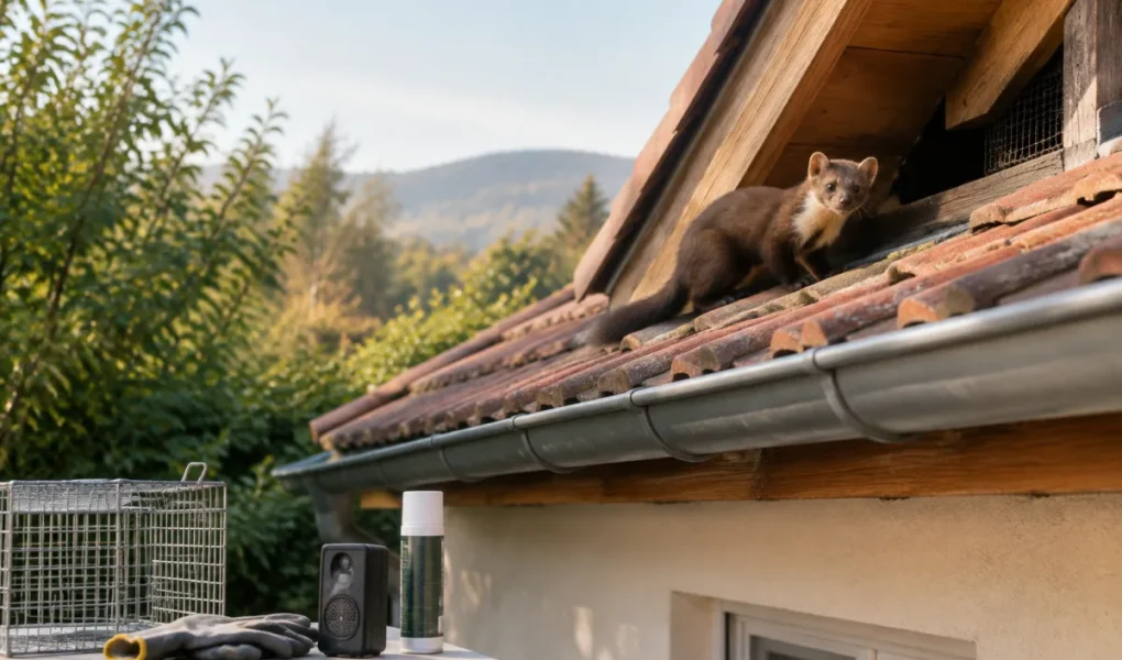 Vue d'ensemble d'un grenier avec une isolation de toiture endommagée par un petit mammifère