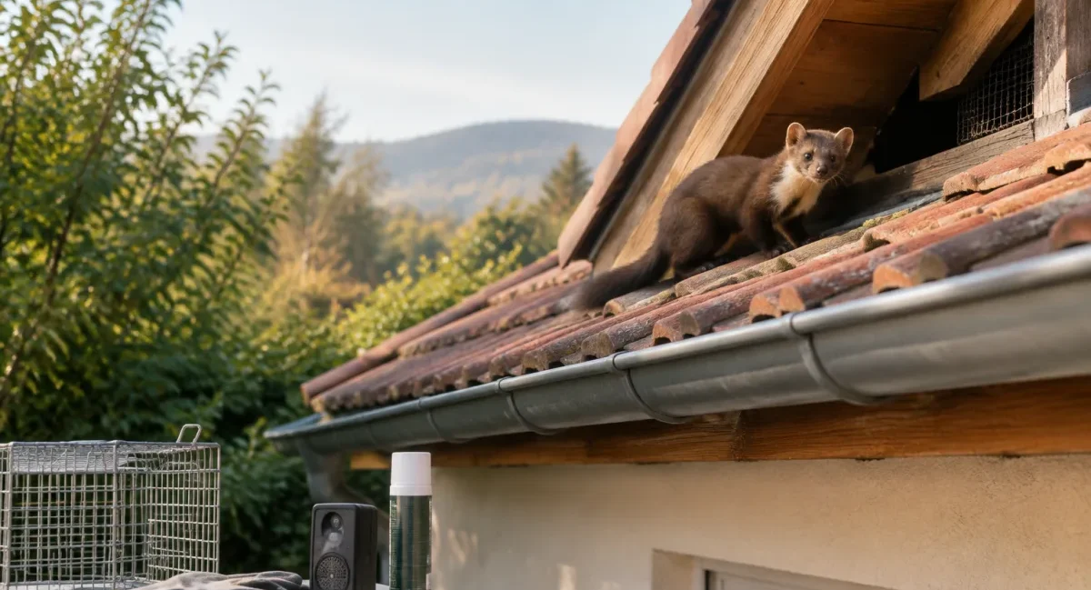 Vue d'ensemble d'un grenier avec une isolation de toiture endommagée par un petit mammifère