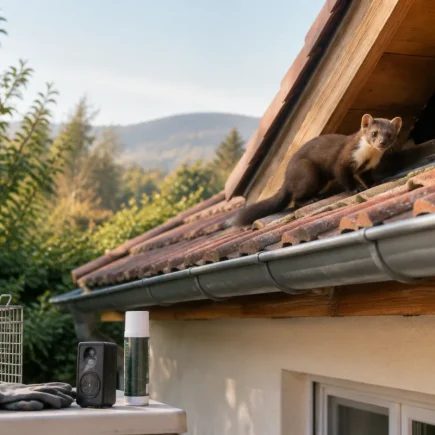 Vue d'ensemble d'un grenier avec une isolation de toiture endommagée par un petit mammifère