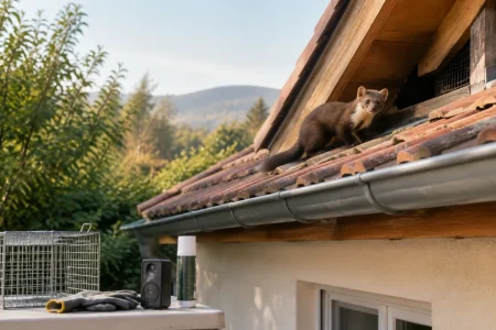Vue d'ensemble d'un grenier avec une isolation de toiture endommagée par un petit mammifère