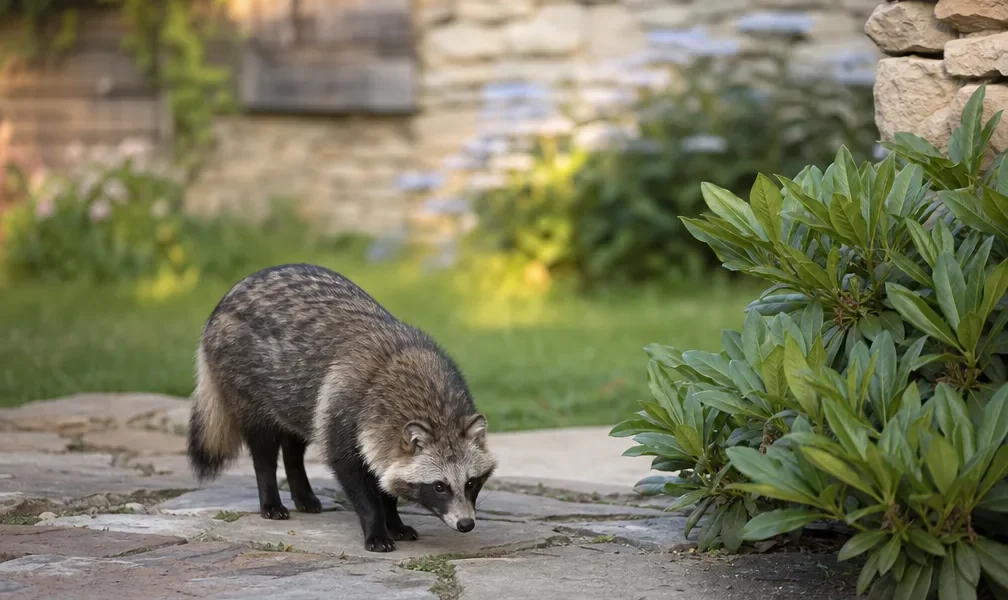 Vue d'ensemble d'un sous-bois verdoyant où s'abrite un chien viverrin sauvage