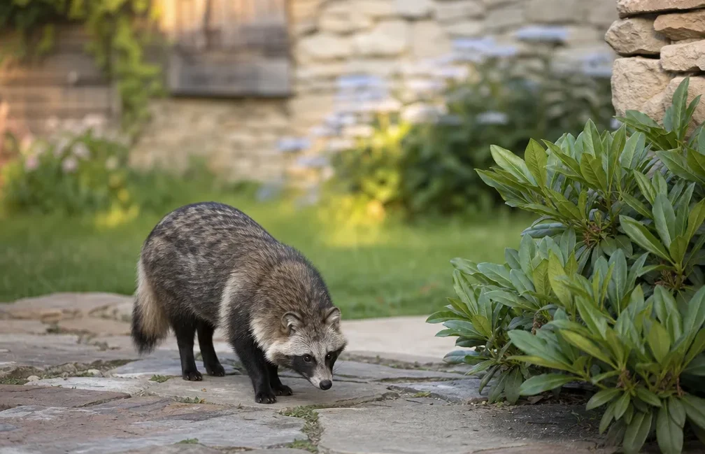 Vue d'ensemble d'un sous-bois verdoyant où s'abrite un chien viverrin sauvage