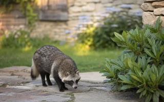 Vue d'ensemble d'un sous-bois verdoyant où s'abrite un chien viverrin sauvage