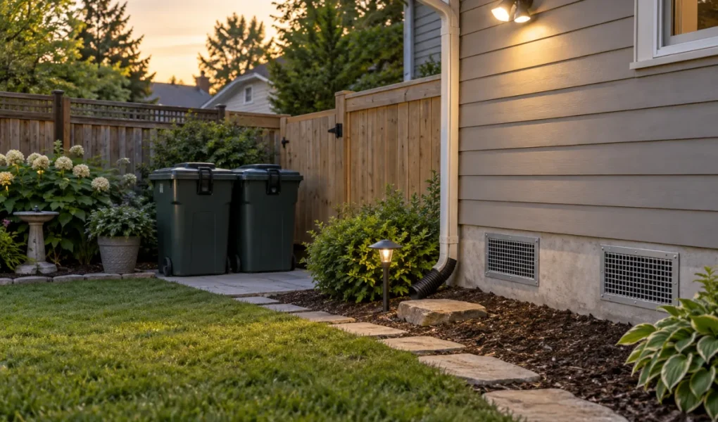 Vue d'ensemble d'un jardin pavillonnaire avec des poubelles sécurisées pour empêcher l'intrusion d'animaux