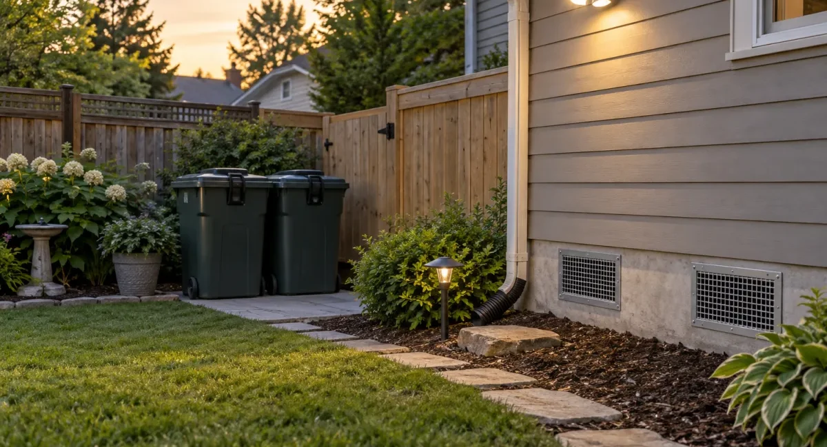 Vue d'ensemble d'un jardin pavillonnaire avec des poubelles sécurisées pour empêcher l'intrusion d'animaux