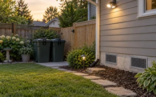 Vue d'ensemble d'un jardin pavillonnaire avec des poubelles sécurisées pour empêcher l'intrusion d'animaux