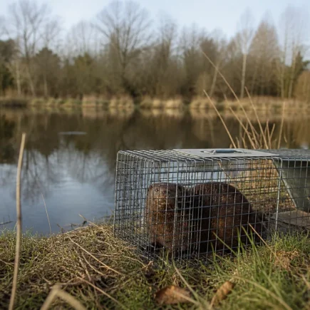 Vue d'ensemble d'un piège à cage posé le long d'un cours d'eau en zone boisée