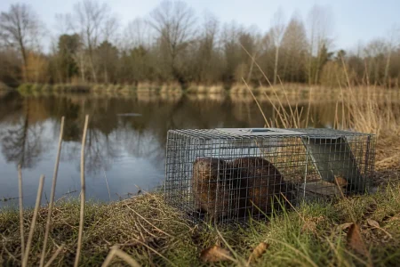 Vue d'ensemble d'un piège à cage posé le long d'un cours d'eau en zone boisée