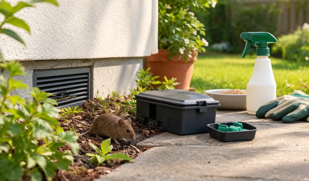Vue d'ensemble d'un potager ordonné au bord duquel un jardinier inspecte le sol.